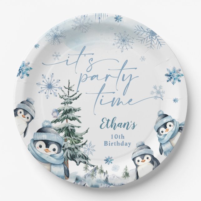 It's party time Penguin winter birthday  Paper Plates (Front)