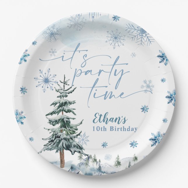 It's party time winter birthday  paper plates (Front)