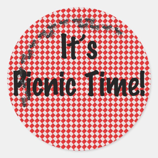 It's Picnic Time! Red Checkered Table Cloth w/Ants Classic Round Sticker (Front)
