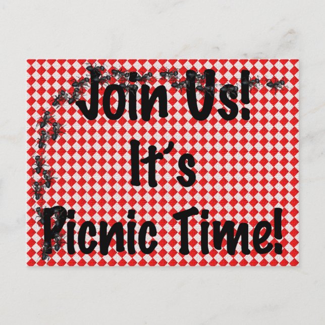 It's Picnic Time! Red Checkered Table Cloth w/Ants Invitation Postcard (Front)