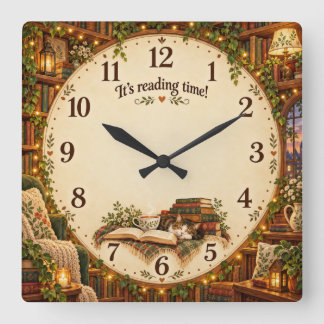It's Reading Time Cozy Library Square Wall Clock