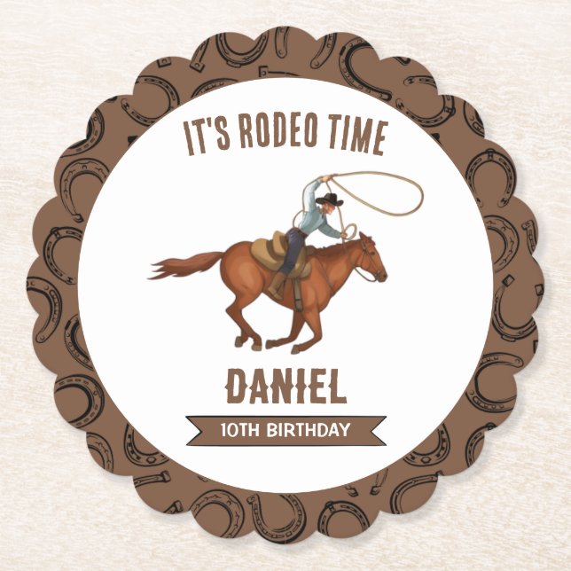 It's Rodeo Time Cowboy Birthday Paper Coaster (Front)
