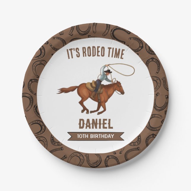 It's Rodeo Time Cowboy Birthday Paper Plates (Front)
