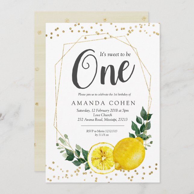 It's sweet to be one lemon birthday invitation (Front/Back)
