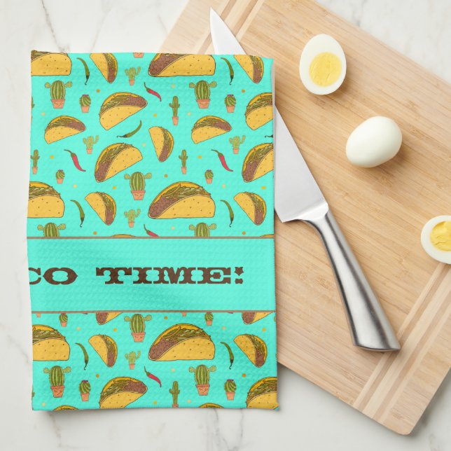 it's Taco Time Cool Mexican Food Pattern Blue Kitchen Towel (Quarter Fold)