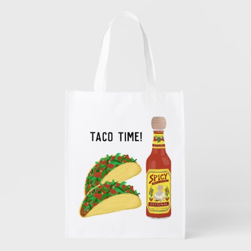 ITS TACO TIME cute tacos hot sauce illustration Grocery Bag