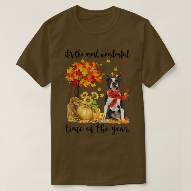 Its The Most Wonderful Autumn Time Boston Terrier  T-Shirt (Design Front)