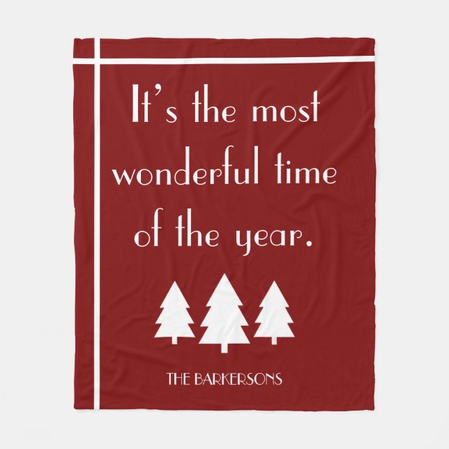 It's The Most Wonderful Time Dark Red Holiday Fleece Blanket (Front)