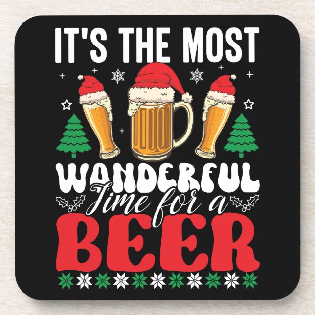 It's The Most Wonderful Time For A Beer Christmas Beverage Coaster (Front)