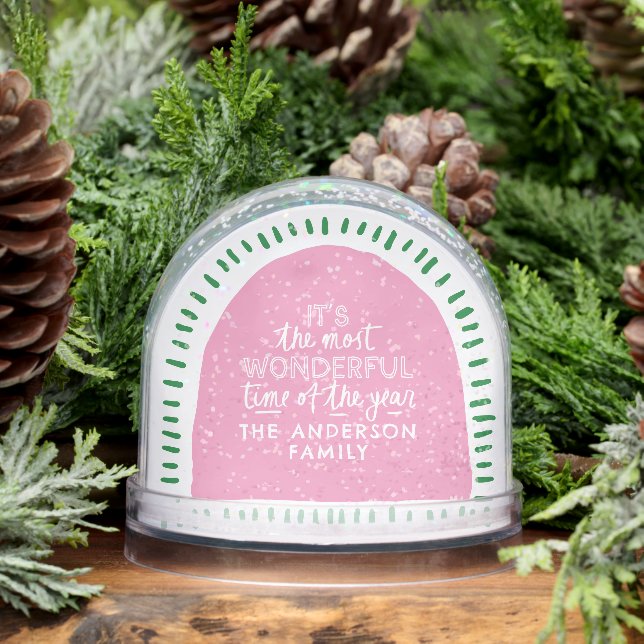 It's the most wonderful time Modern Pink & Green Snow Globe (Winter)