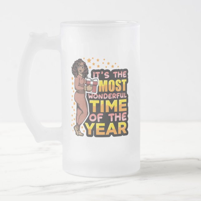 It's The Most Wonderful Time Of The Year Christmas Frosted Glass Beer Mug (Left)