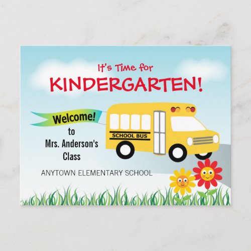 Its Time for Kindergarten School Bus Postcard