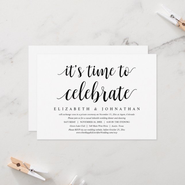 It's Time To Celebrate, Wedding Elopement Dinner Invitation (Front/Back In Situ)
