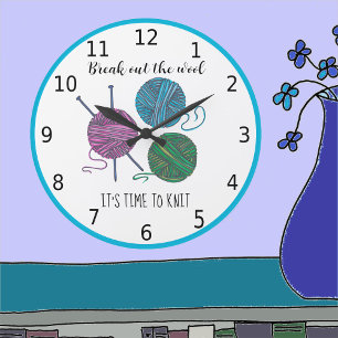 It's time to knit - blue border - personalized large clock