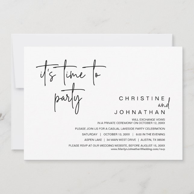 It's Time To Party, Wedding Elopement Dinner Invitation (Front)