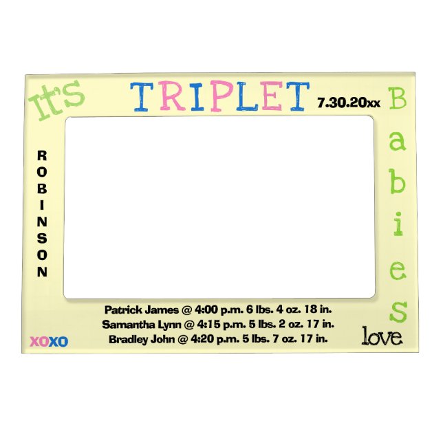 It's Triplets Babies Birth Stats Yellow Pink Blue Magnetic Frame (Front)