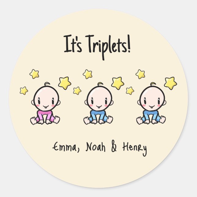 It's Triplets!, Personalized Triplet Babies  Classic Round Sticker (Front)