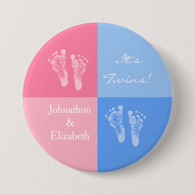 Its Twin Boy and Girl Cute Pink Baby Footprints Button (Front)