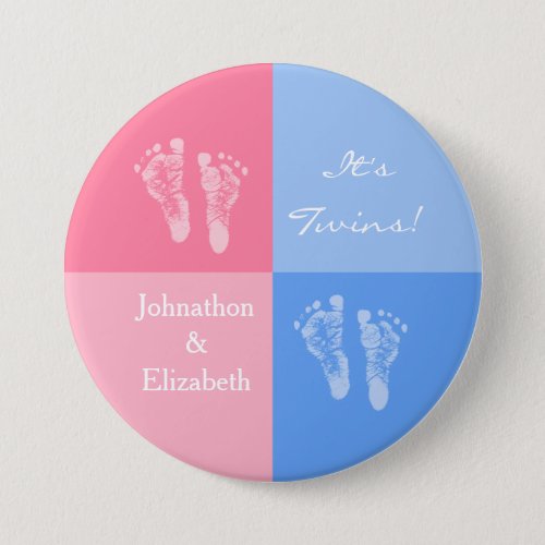 Its Twin Boy and Girl Cute Pink Baby Footprints Button