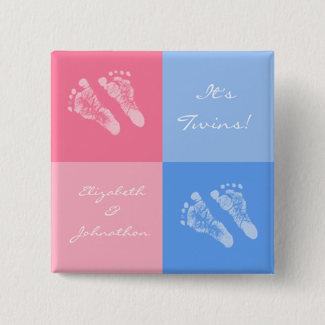 Its Twin Boy and Girl Cute Pink Baby Footprints Button (Front)