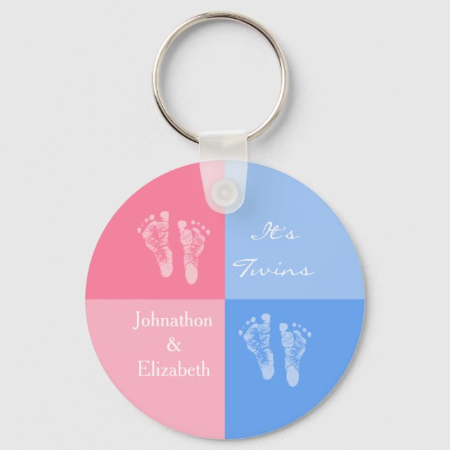 Its Twin Boy and Girl Cute Pink Baby Footprints Keychain (Front)