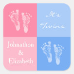Its Twin Boy And Girl Cute Pink Baby Footprints Square Sticker at Zazzle