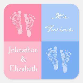 Its Twin Boy And Girl Cute Pink Baby Footprints Square Sticker by PartyPlans at Zazzle