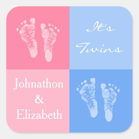 Its Twin Boy And Girl Cute Pink Baby Footprints Square Sticker