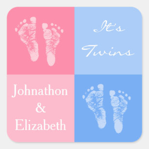 Its Twin Boy and Girl Cute Pink Baby Footprints Square Sticker
