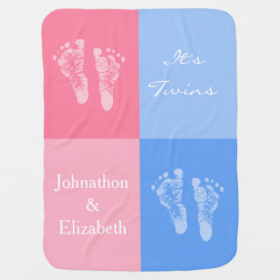 Its Twin Boy and Girl Cute Pink Baby Footprints Stroller Blanket
