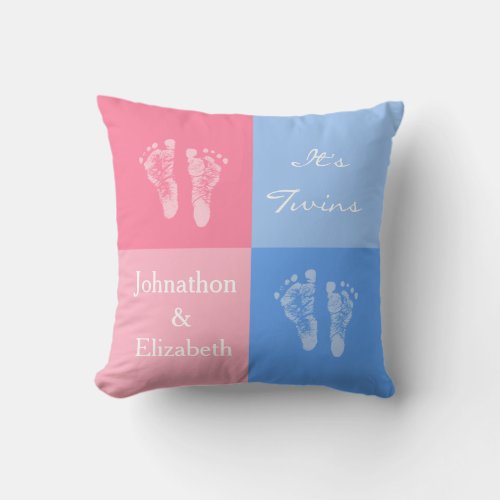 Its Twin Boy and Girl Cute Pink Baby Footprints Throw Pillow