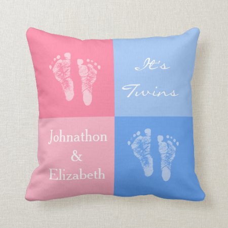 Its Twin Boy And Girl Cute Pink Baby Footprints Throw Pillow