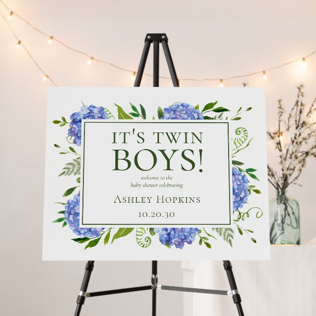 It's Twin Boys Blue Hydrangeas Baby Shower Welcome Foam Board (In Situ (Stand))