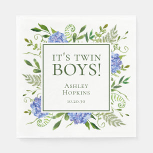 It's Twin Boys Blue Hydrangeas Boy Baby Shower Napkins