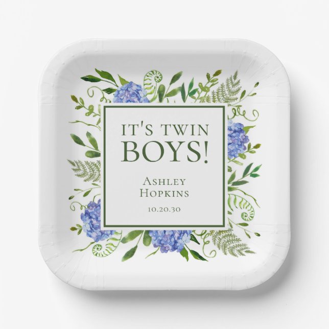 It's Twin Boys Blue Hydrangeas Boy Baby Shower Paper Plates (Front)