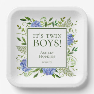 It's Twin Boys Blue Hydrangeas Boy Baby Shower Paper Plates