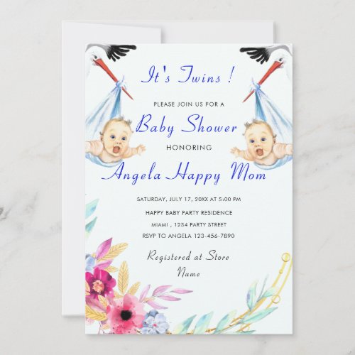 Its Twin Boys  Cute Stork Baby Shower Invitation