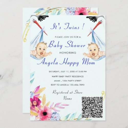 Its Twin Boys QR Code Info Baby Shower Invitation