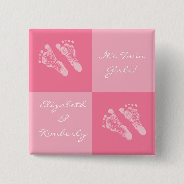 Its Twin Girls Cute Girly Pink Baby Footprints Button (Front)