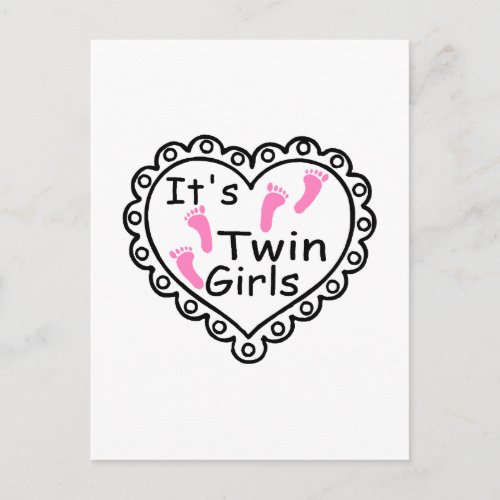 Its Twin Girls Pink Footprints Hearts Postcard