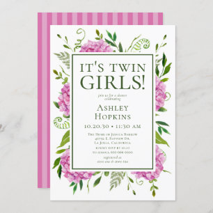 It's Twin Girls Pink Hydrangeas Baby Shower Invitation