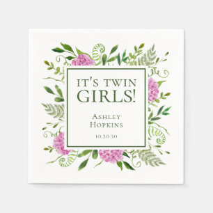 It's Twin Girls Pink Hydrangeas Girl Baby Shower Napkins