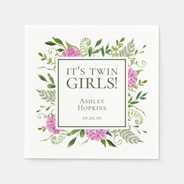 It's Twin Girls Pink Hydrangeas Girl Baby Shower Napkins (Front)