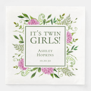 It's Twin Girls Pink Hydrangeas Girl Baby Shower Paper Dinner Napkins