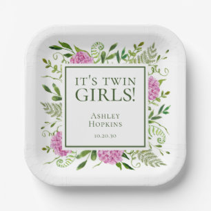 It's Twin Girls Pink Hydrangeas Girl Baby Shower Paper Plates
