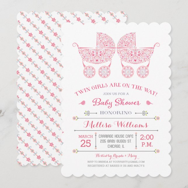 It's Twin Girls! Twins Baby Shower Invitation (Front/Back)