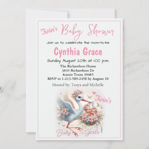 Its Twin Girls with Stork Baby Girls and Flower Holiday Card