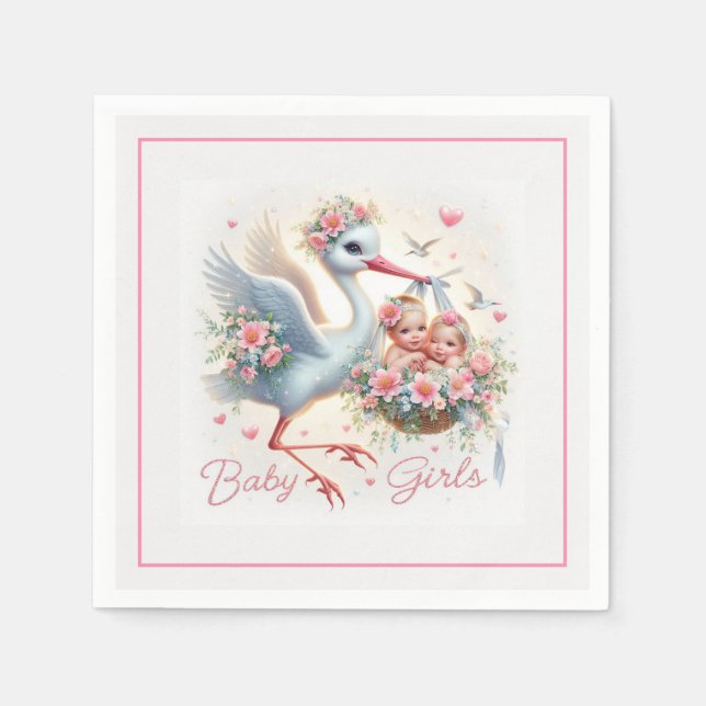 It's Twin Girl's with Stork, Baby Girls and Flower Napkins (Front)