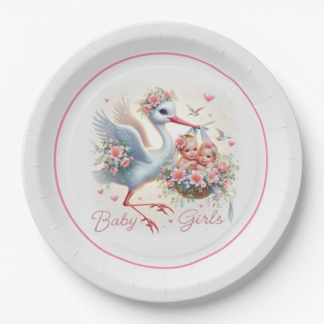 It's Twin Girl's with Stork, Baby Girls and Flower Paper Plates (Front)