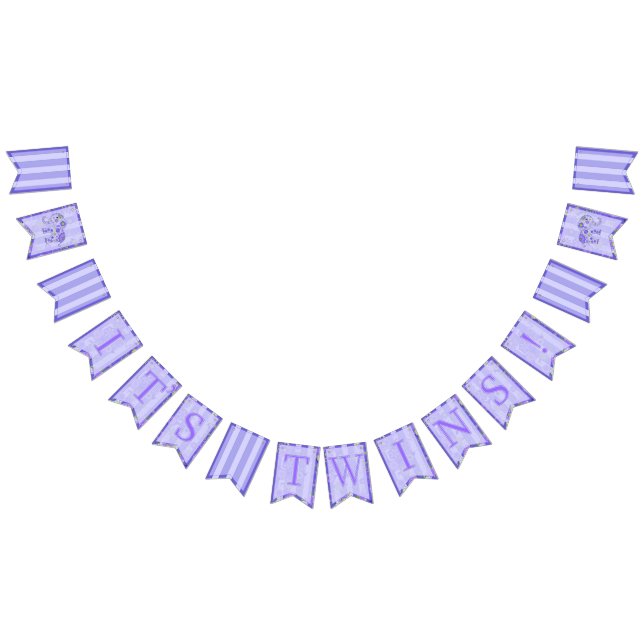 It's Twins! Baby Elephant Flowers Purple Theme Bunting Flags (All)